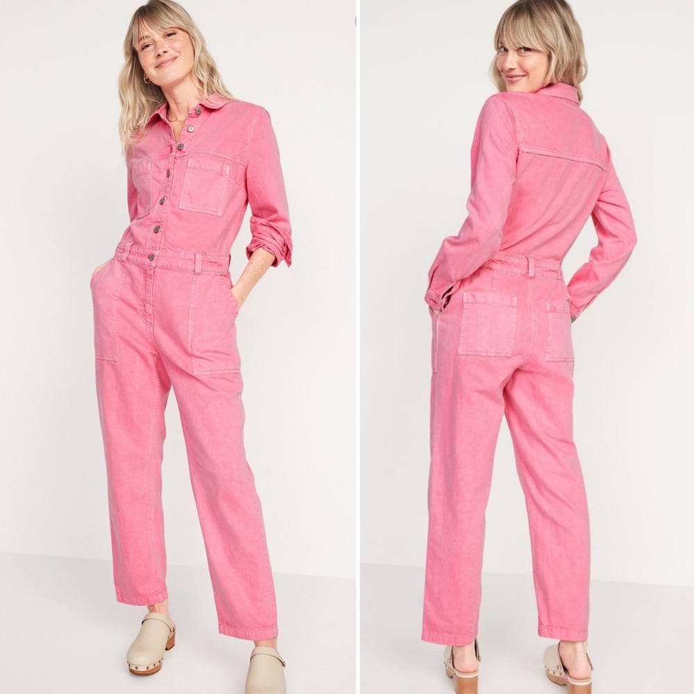 Long-Sleeve Cropped Jean Utility Jumpsuit for Women